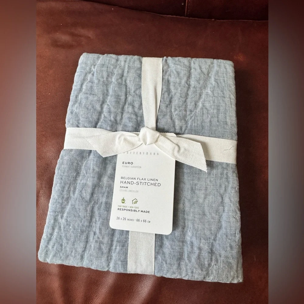 NEW Pottery Barn Belgian Flax Linen Euro Sham Hand-Stitched Chambray Blue NWT